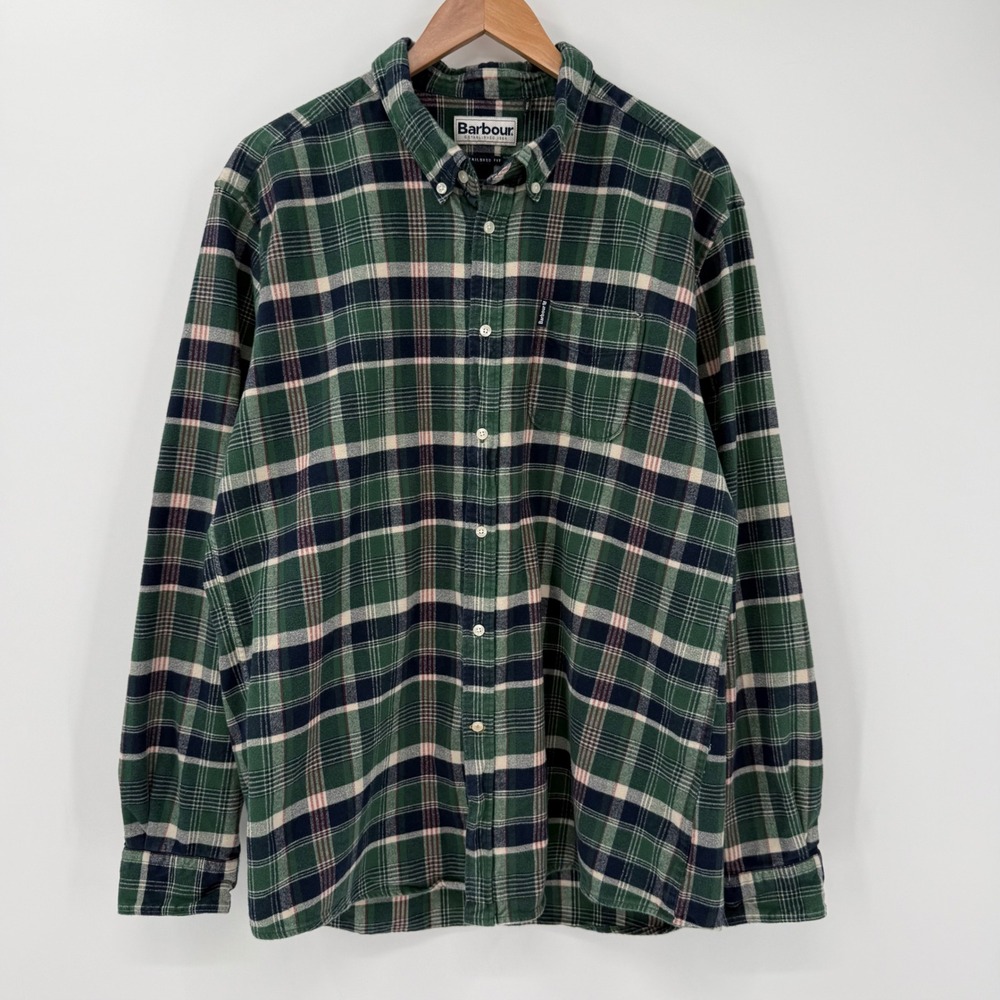 Barbour Highland Check 31 Tailored Fit Green Flannel Shirt Men's XL 100% Cotton